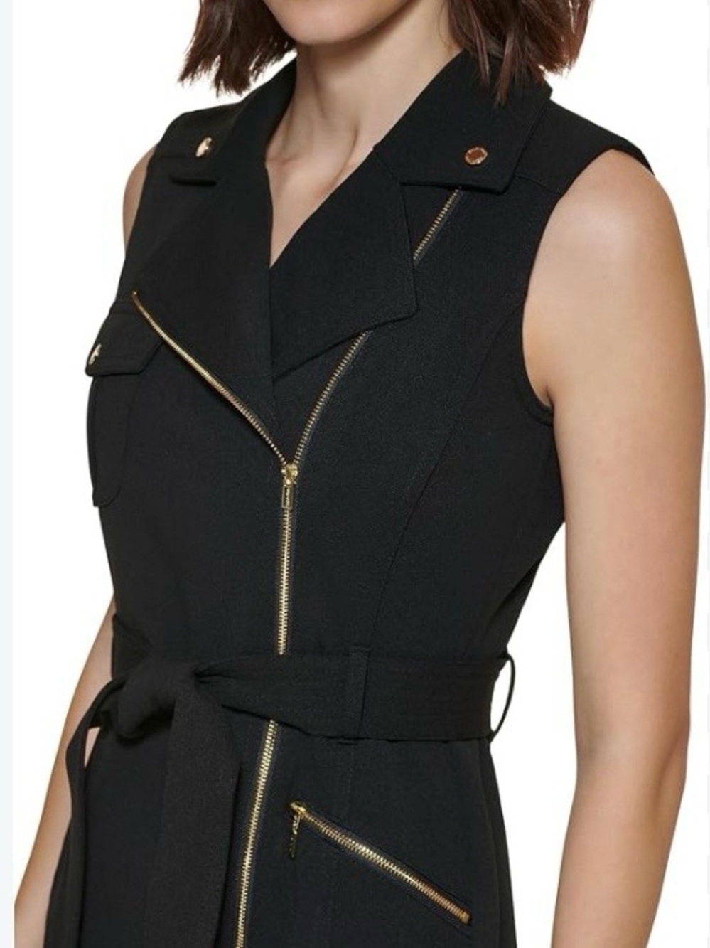 Calvin Klein Black Sleeveless Moto-Style Zip Jumpsuit with Tie